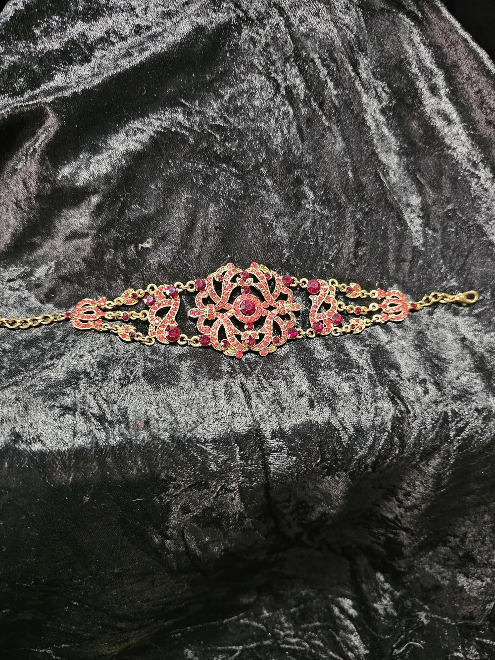 Gold-Tone Red Crystal Filigree Statement Bracelet